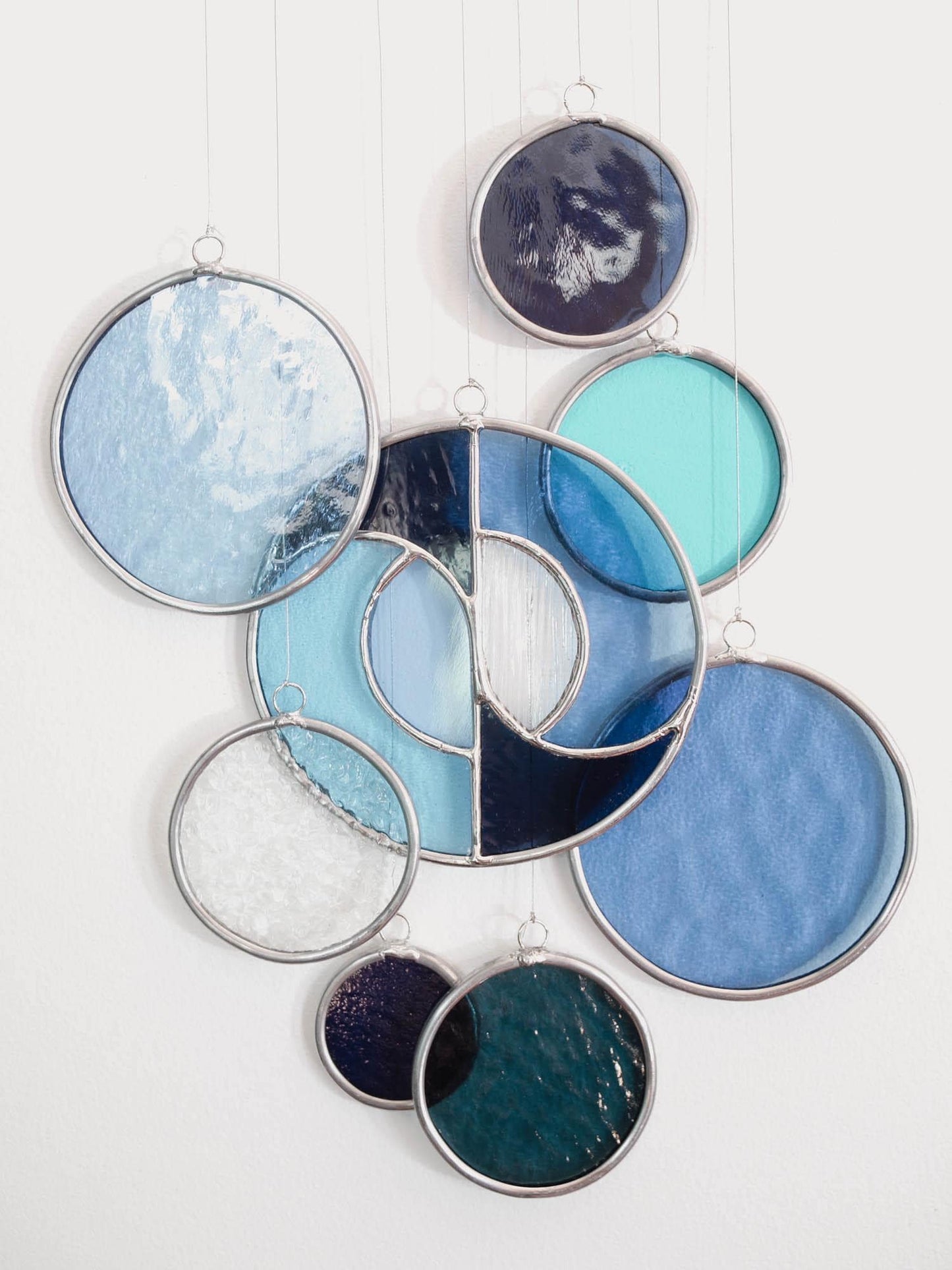 Modern Stained Glass Mobile in Blue - Art Deco Window Decoration, Organic Suncatcher