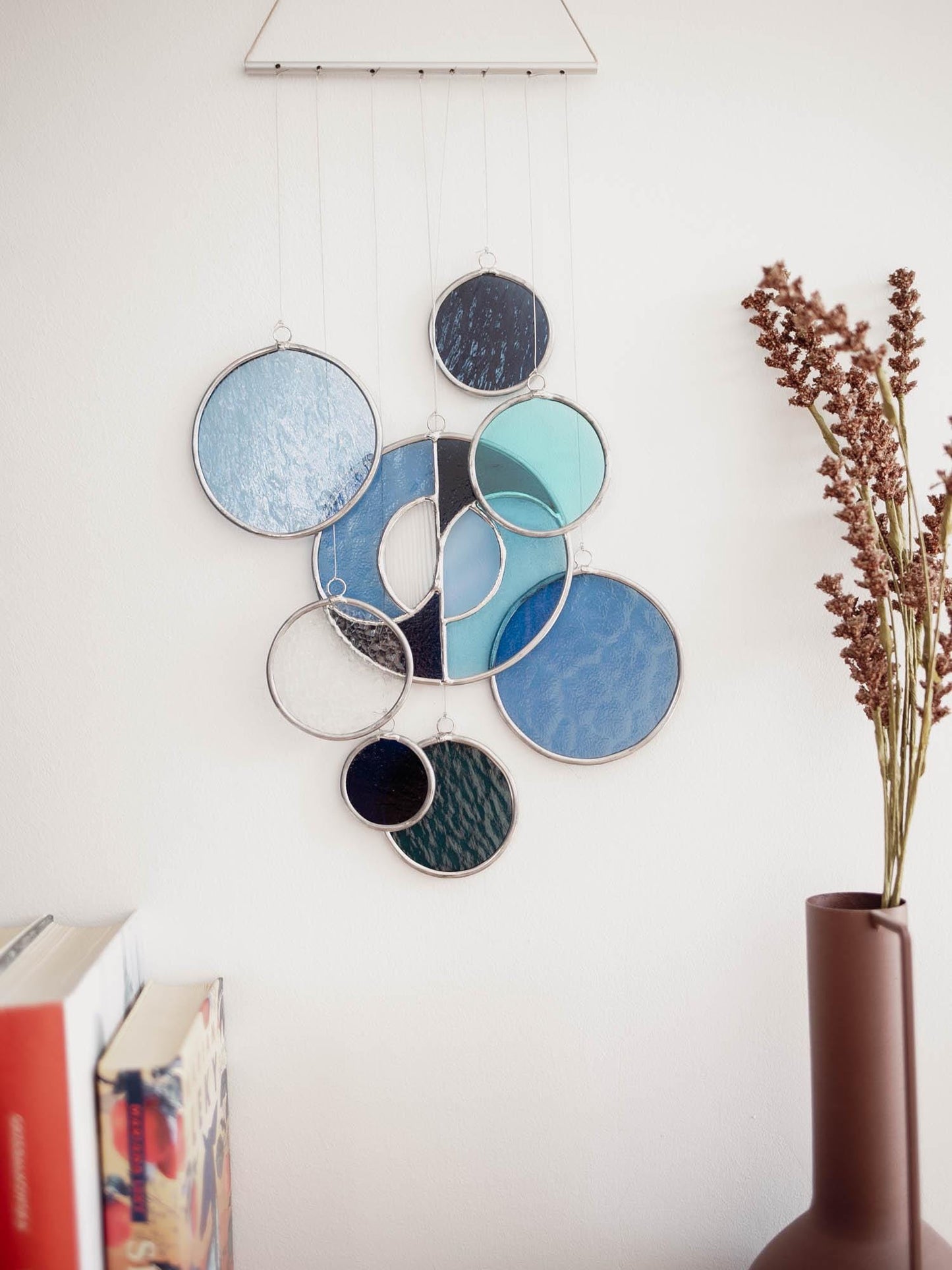 Modern Stained Glass Mobile in Blue - Art Deco Window Decoration, Organic Suncatcher