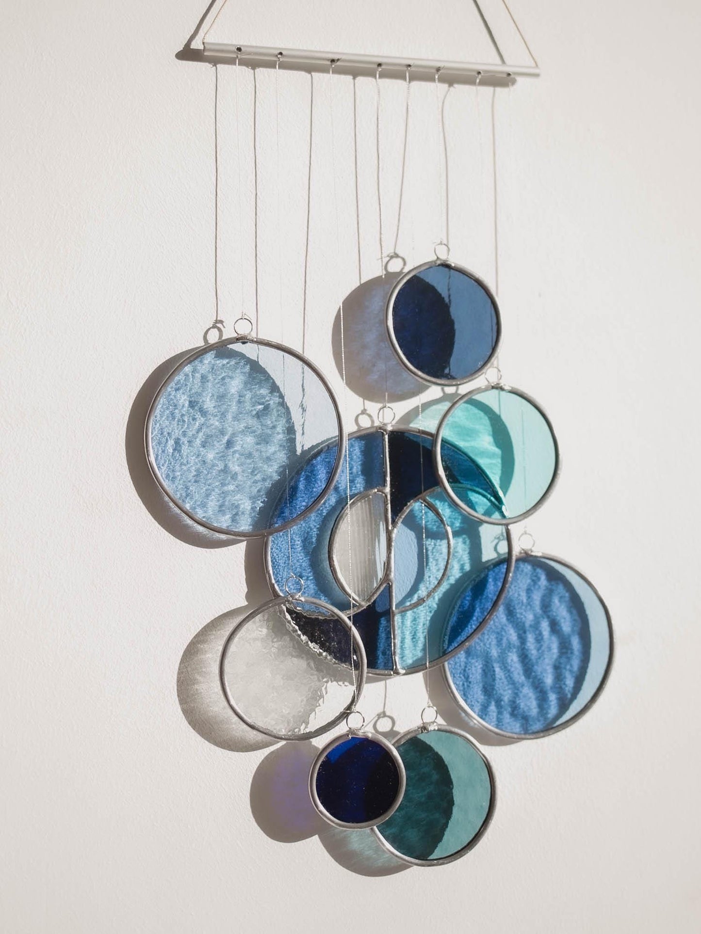 Modern Stained Glass Mobile in Blue - Art Deco Window Decoration, Organic Suncatcher