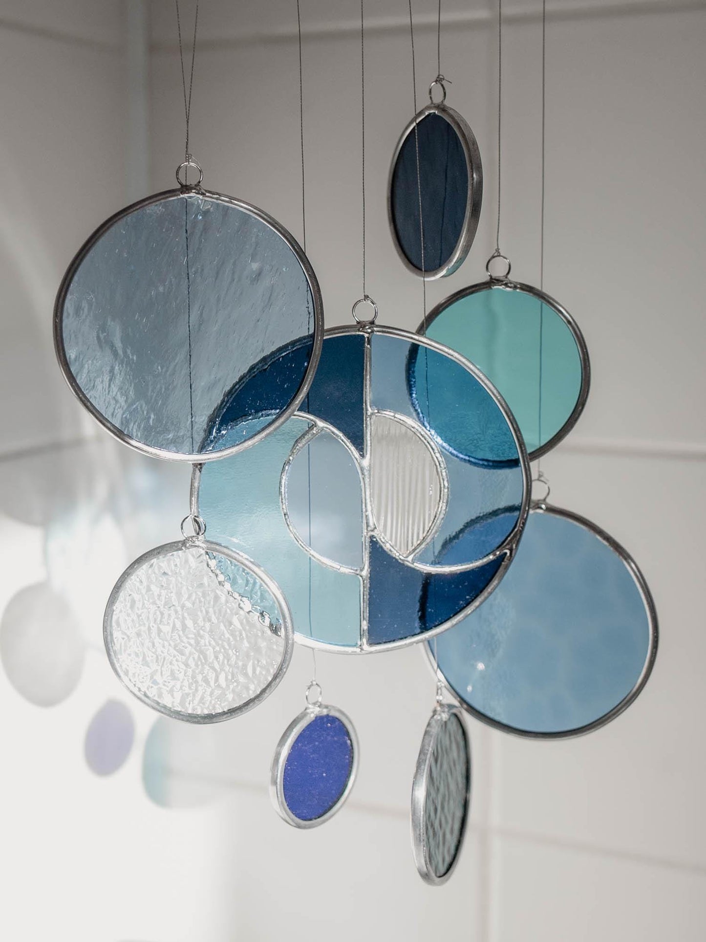 Modern Stained Glass Mobile in Blue - Art Deco Window Decoration, Organic Suncatcher