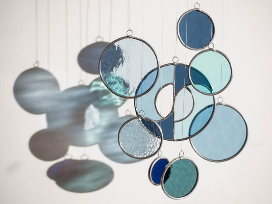 Modern Stained Glass Mobile in Blue - Art Deco Window Decoration, Organic Suncatcher