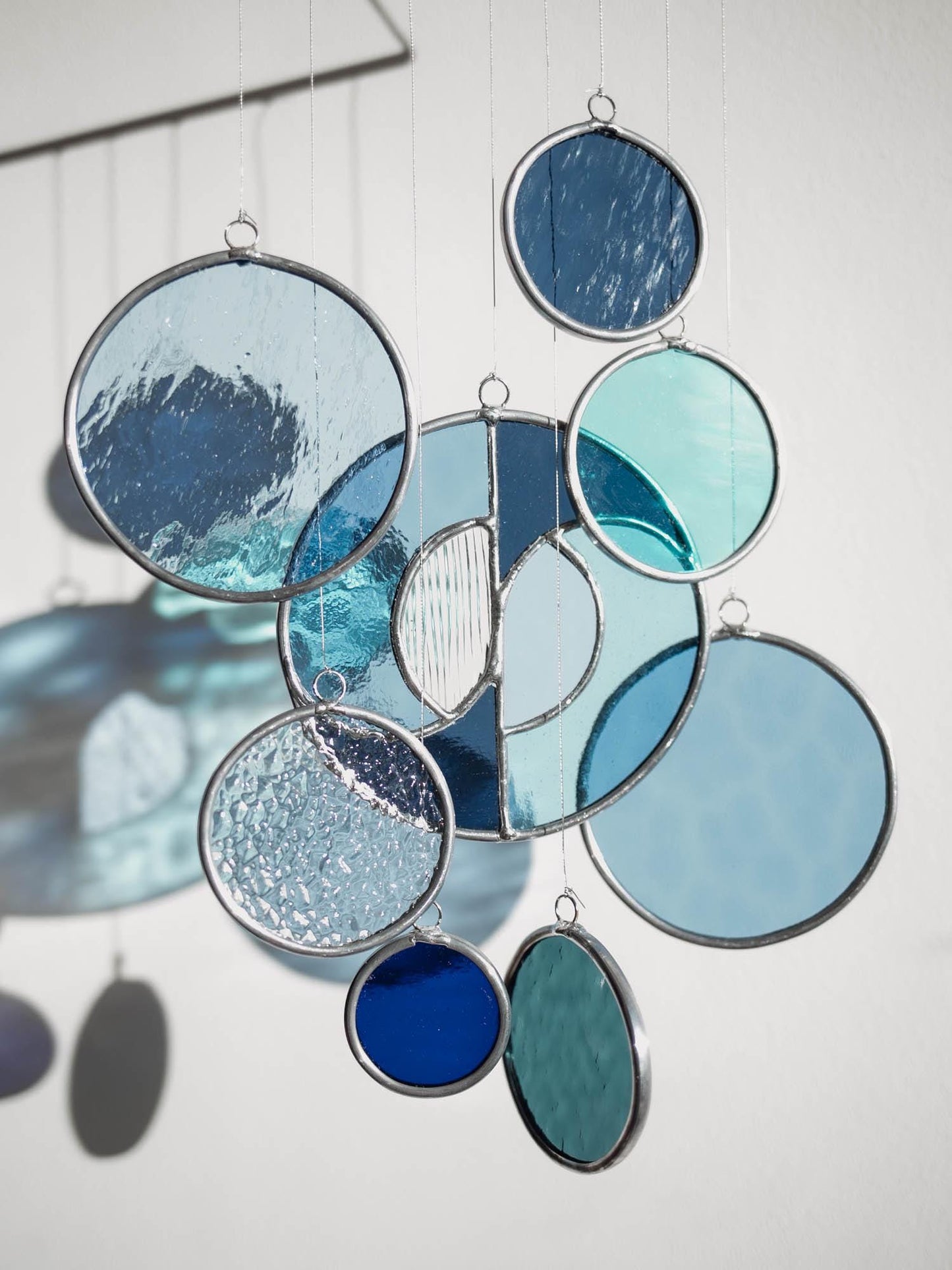 Modern Stained Glass Mobile in Blue - Art Deco Window Decoration, Organic Suncatcher