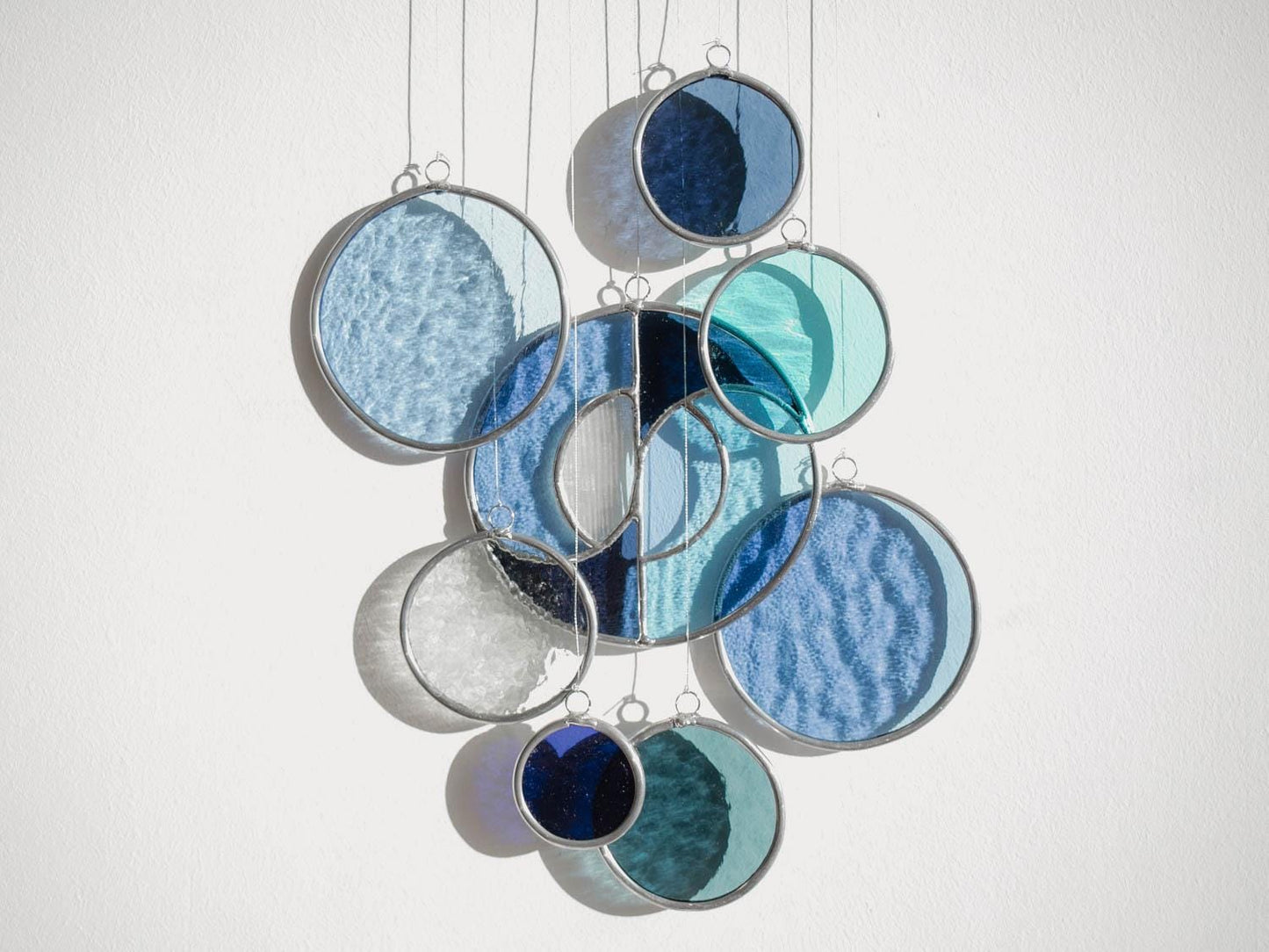 Modern Stained Glass Mobile in Blue - Art Deco Window Decoration, Organic Suncatcher