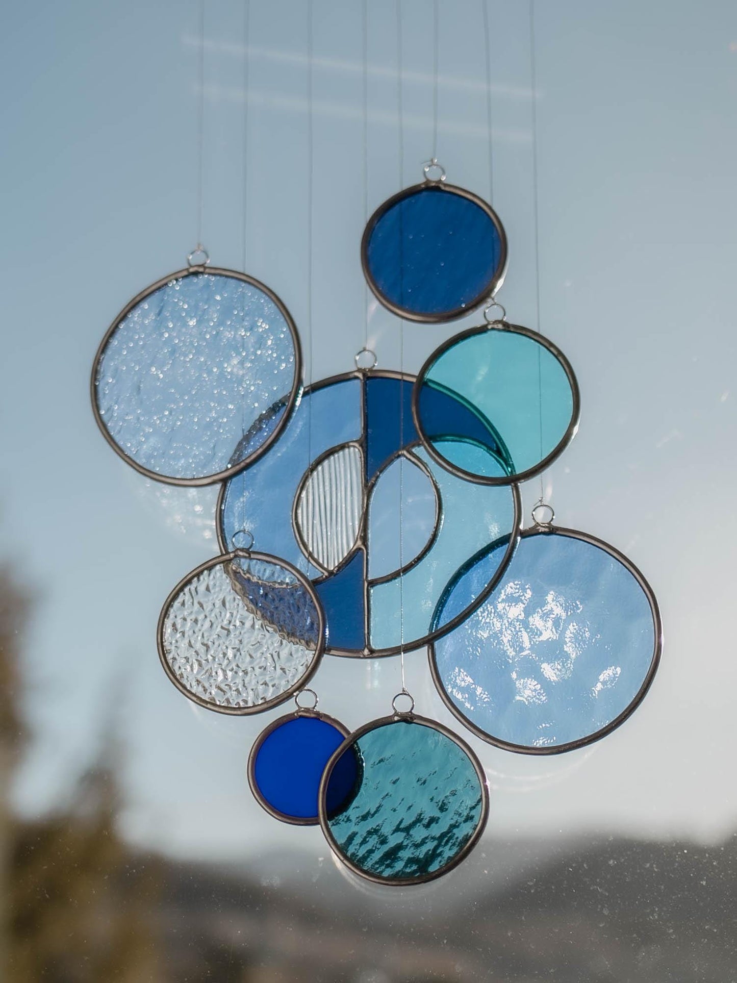 Modern Stained Glass Mobile in Blue - Art Deco Window Decoration, Organic Suncatcher